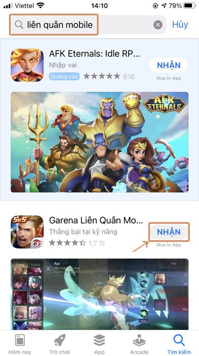 Tìm kiếm và nhập game Liên Quân Mobile -> Nhận