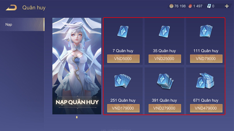 Bảng giá nạp Quân Huy trực tiếp Ingame